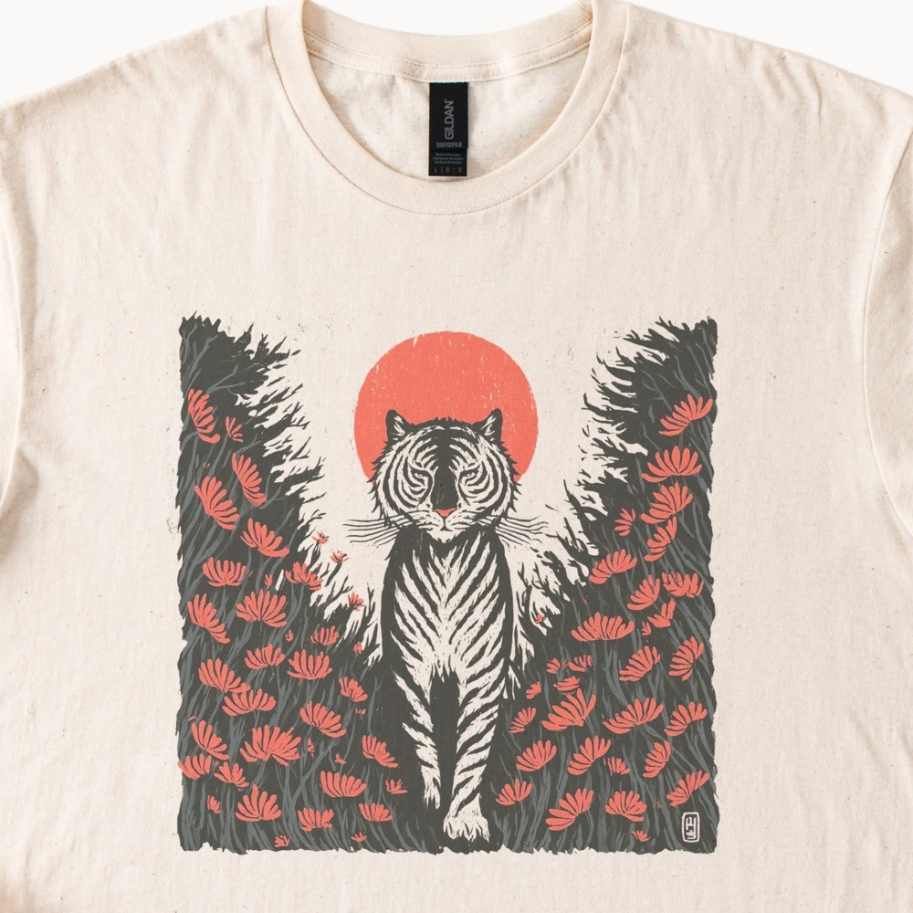 White Tiger Stalking Through Red-Bloomed Grass Tee